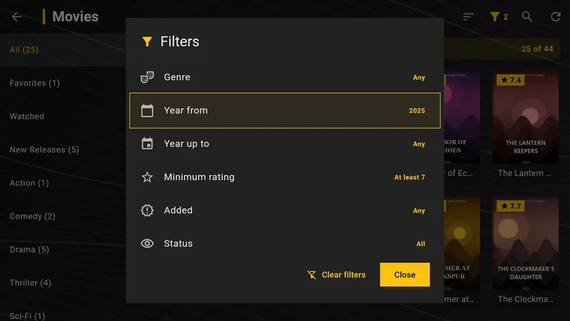 Filter by genre, year, rating and status