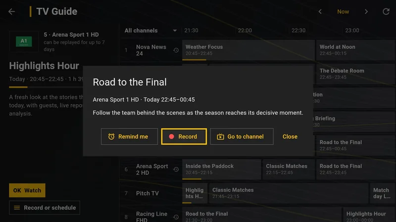 Record or set a reminder straight from the TV guide