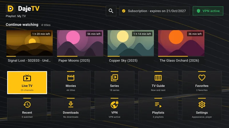 Home: every section one click away, with Continue watching