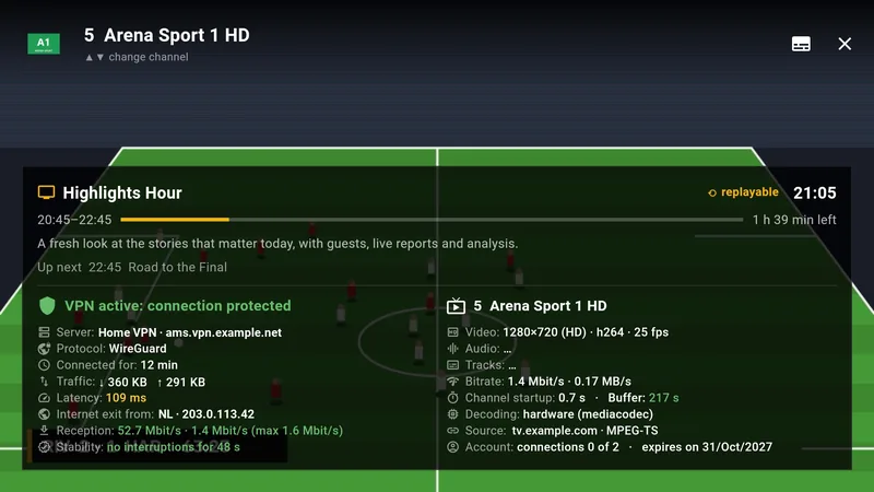 Info panel: VPN, reception, buffer and stream quality
