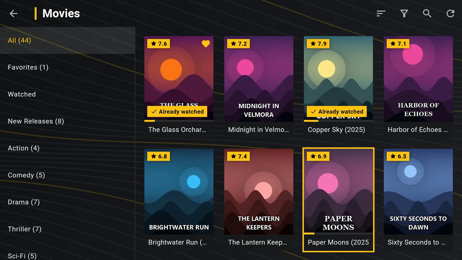 Movies with ratings, progress and watched badges