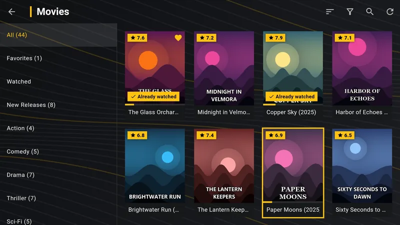 Movies with ratings, progress and watched badges