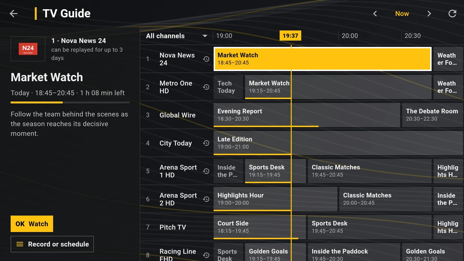 TV guide with a large preview of the selected programme
