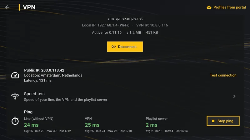 Speed test and live ping for line, VPN and server